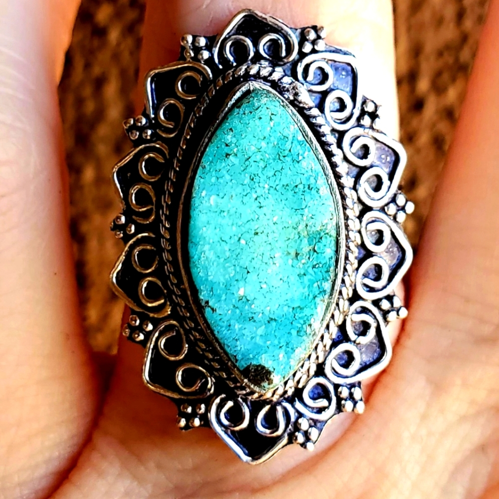 Blue Sugar Druzy Drusy 925 Silver Ring.